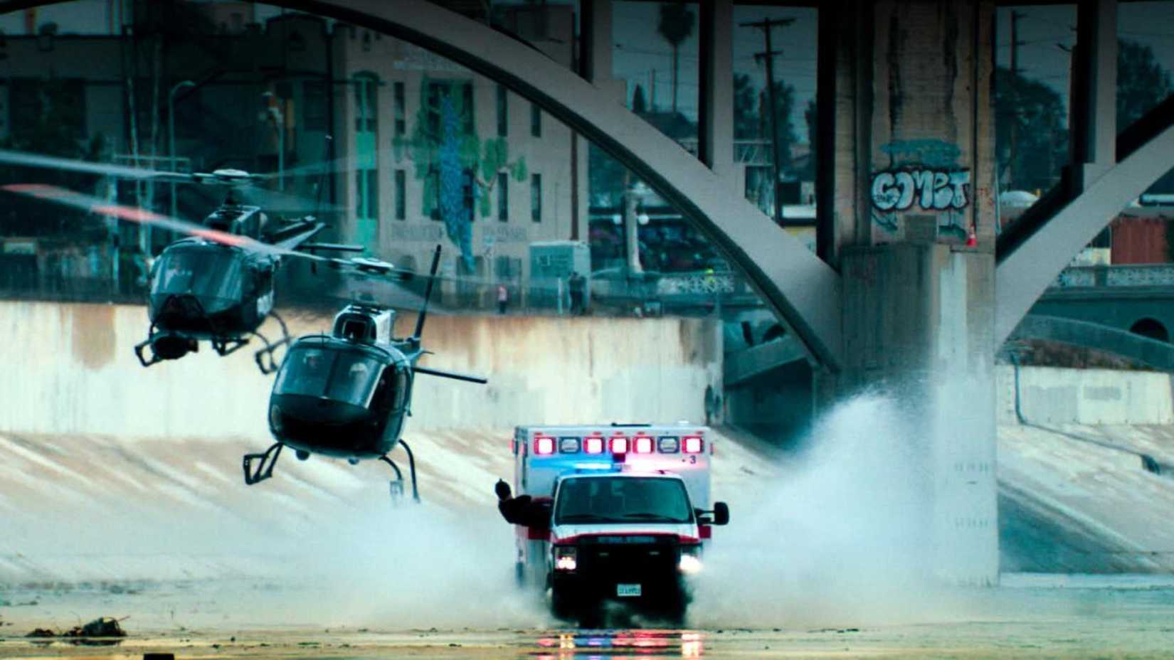 two helicopters after an ambulance in the film Ambulance