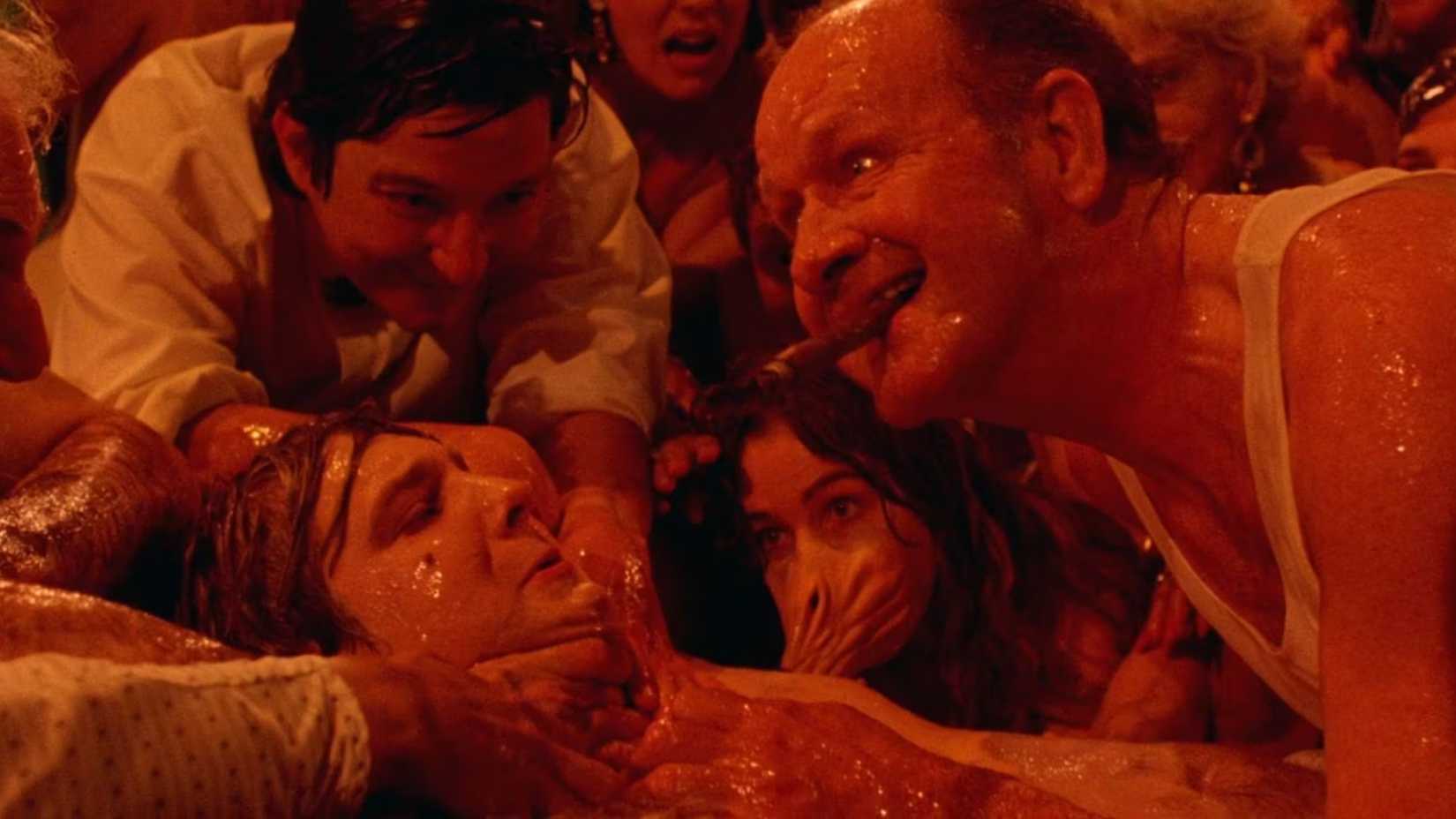 Slimy gross guy with cigar and other gross slimy people in Society