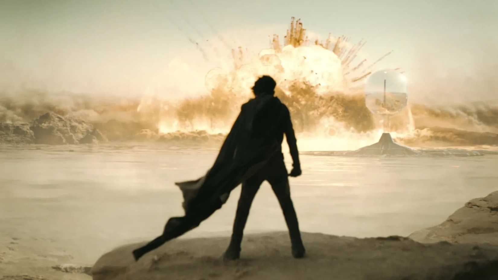 Dune Part Two with Paul Atreides standing in front of an explosion