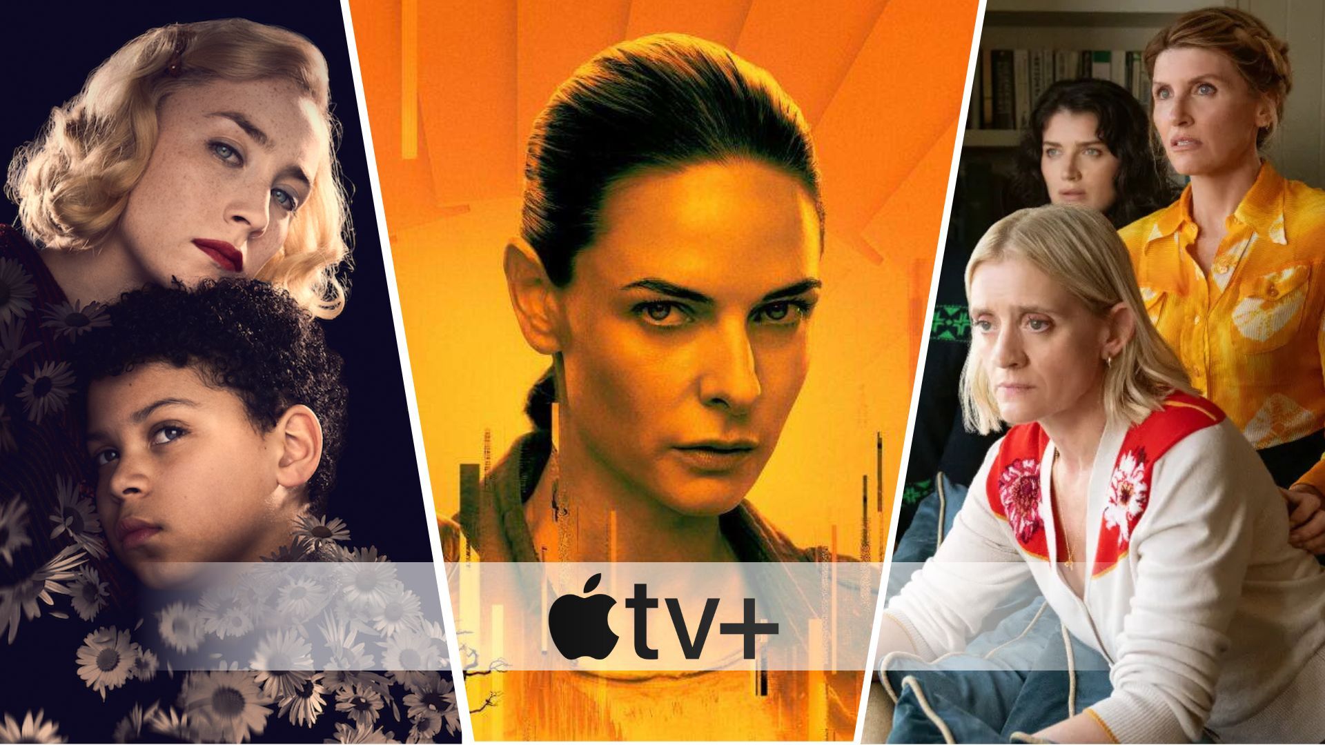 An edited image of three Apple TV+ programs including Silo, Bad Sisters, and Blitz