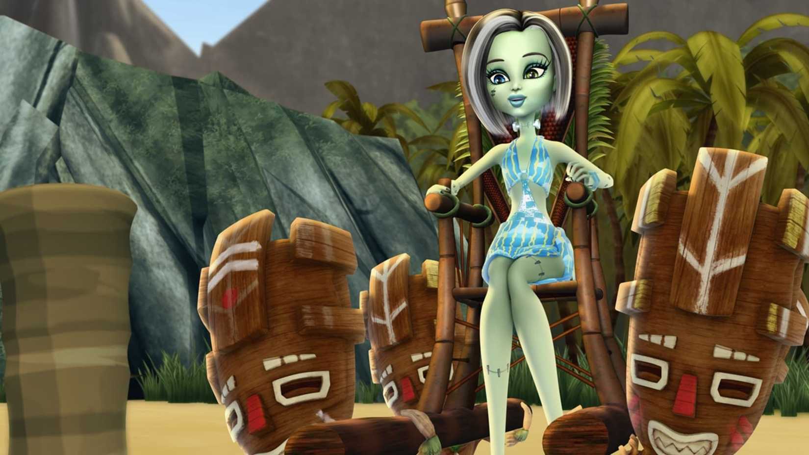 Monster sitting on a Tiki throne in Monster High Escape from Skull Shores (2011)