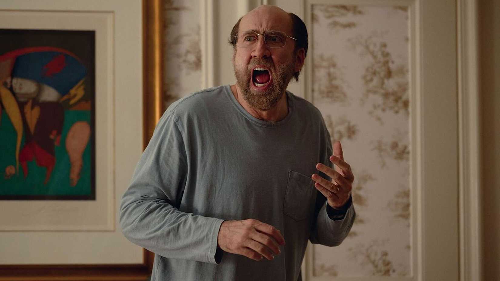 Nicolas Cage looking worried in Dream Scenario