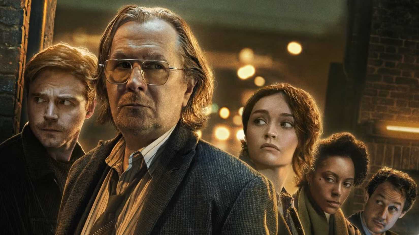 Gary Oldman looks series on Slow Horses key art with Jack Lowden and Olivia Cooke