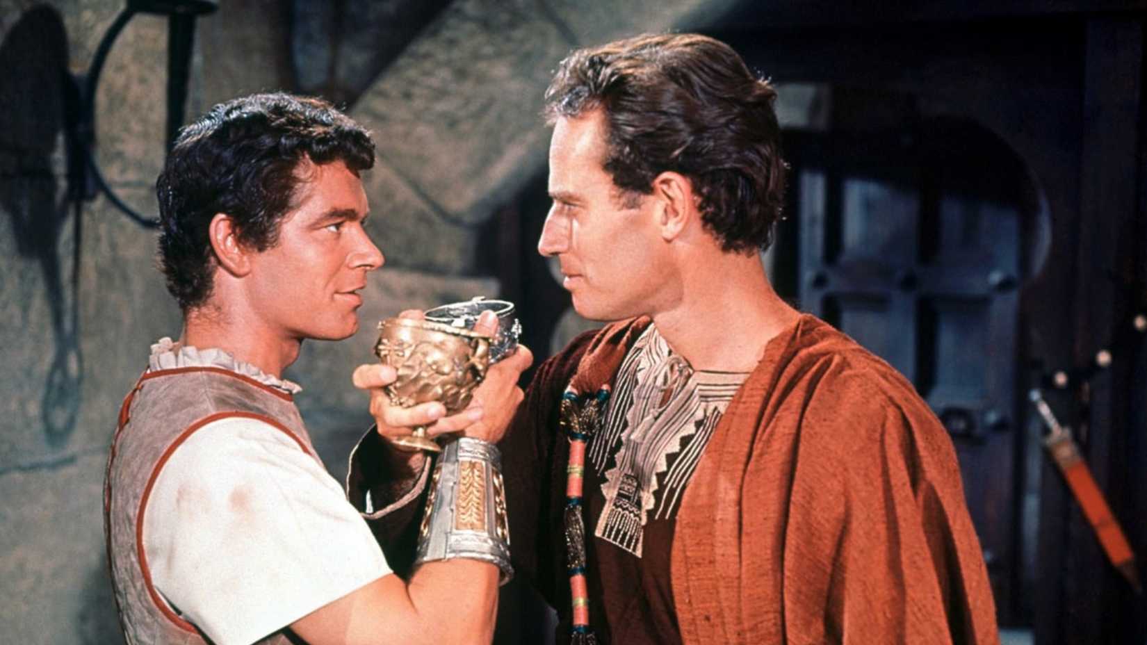 Stephen Boyd and Charlton Heston as Messala and Judah Ben-Hur in Ben-Hur