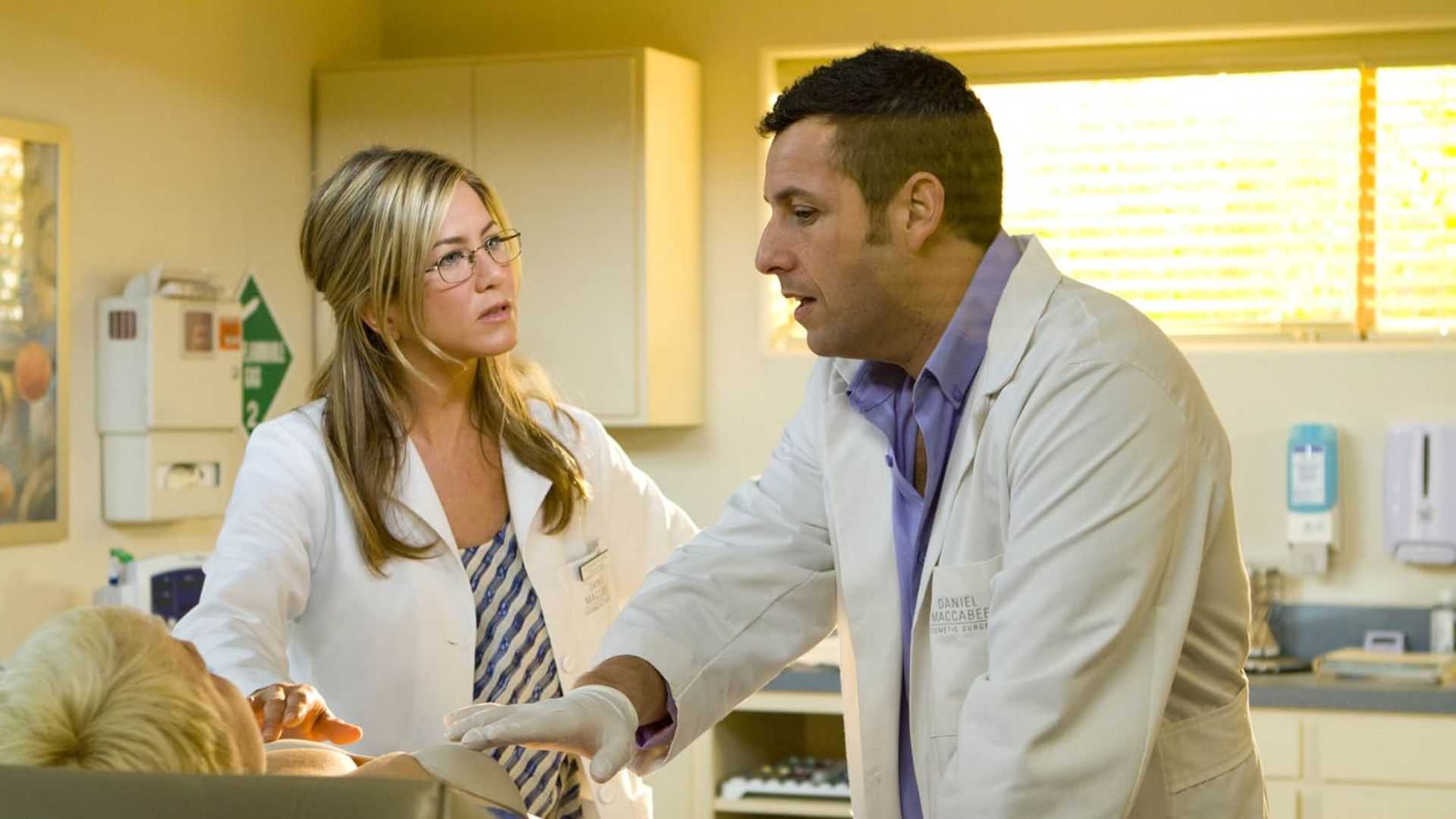 Jennifer Aniston and Adam Sandler work in a doctor's office in Just Go with It