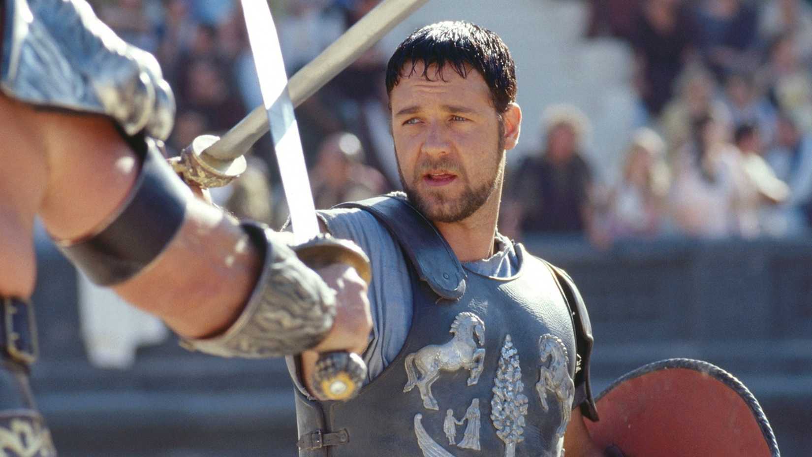 Russell Crowe crosses swords in Gladiator.