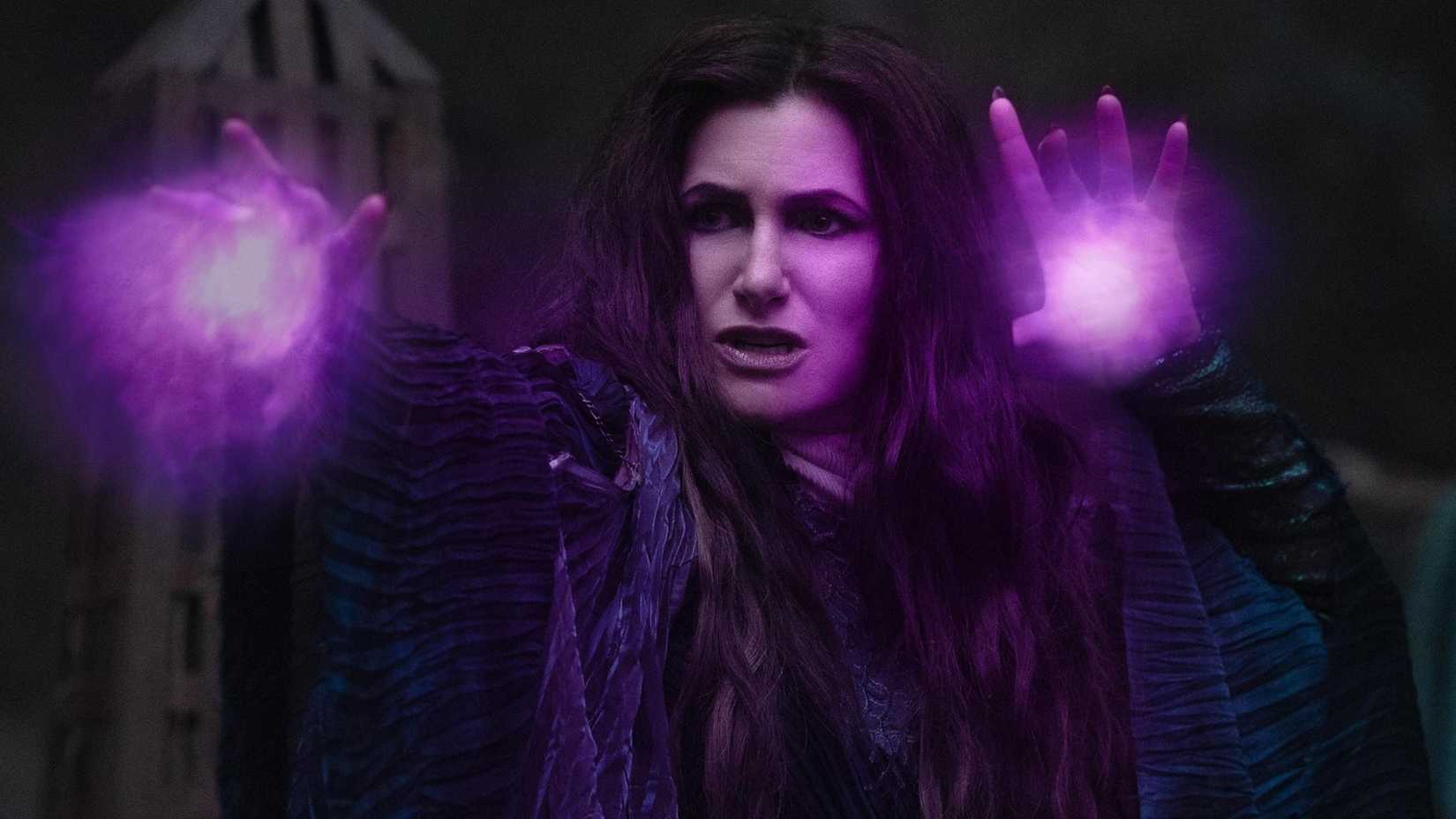 Kathryn Hahn as Agatha Harkness using her powers in Agatha All Along.