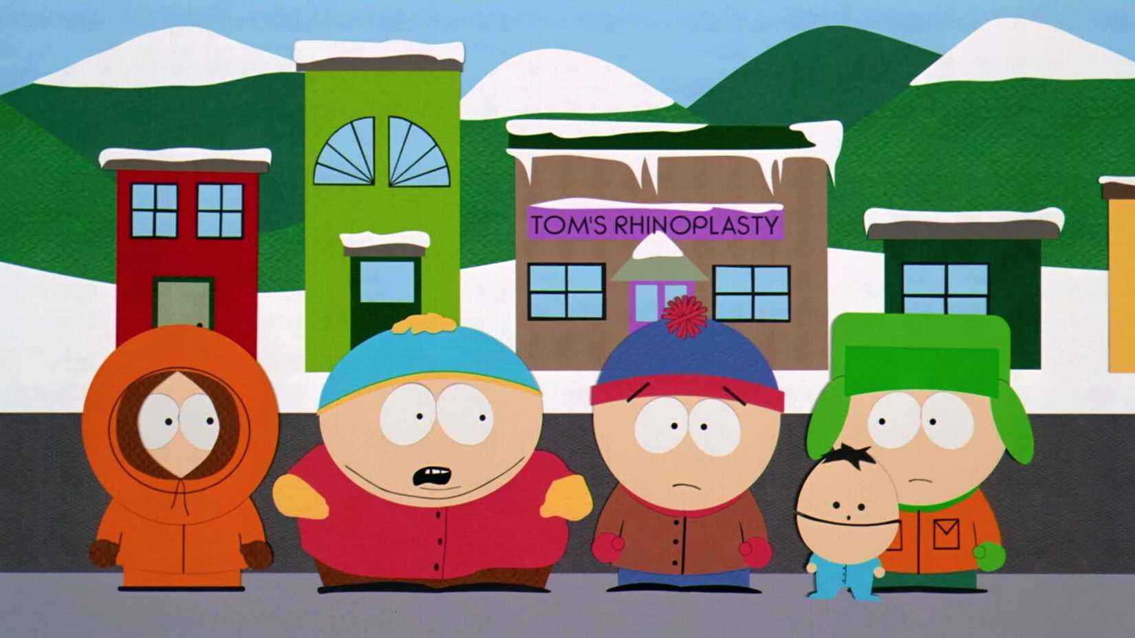 Kenny, Cartman, Stan and Kyle stand on the sidewalk in front of Tom's Rhinoplasty in South Park: Bigger, Longer & Uncut
