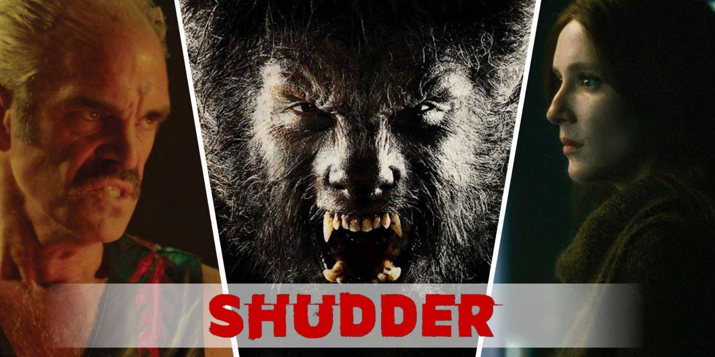 An edited image of three movies with the Shudder logo in the center