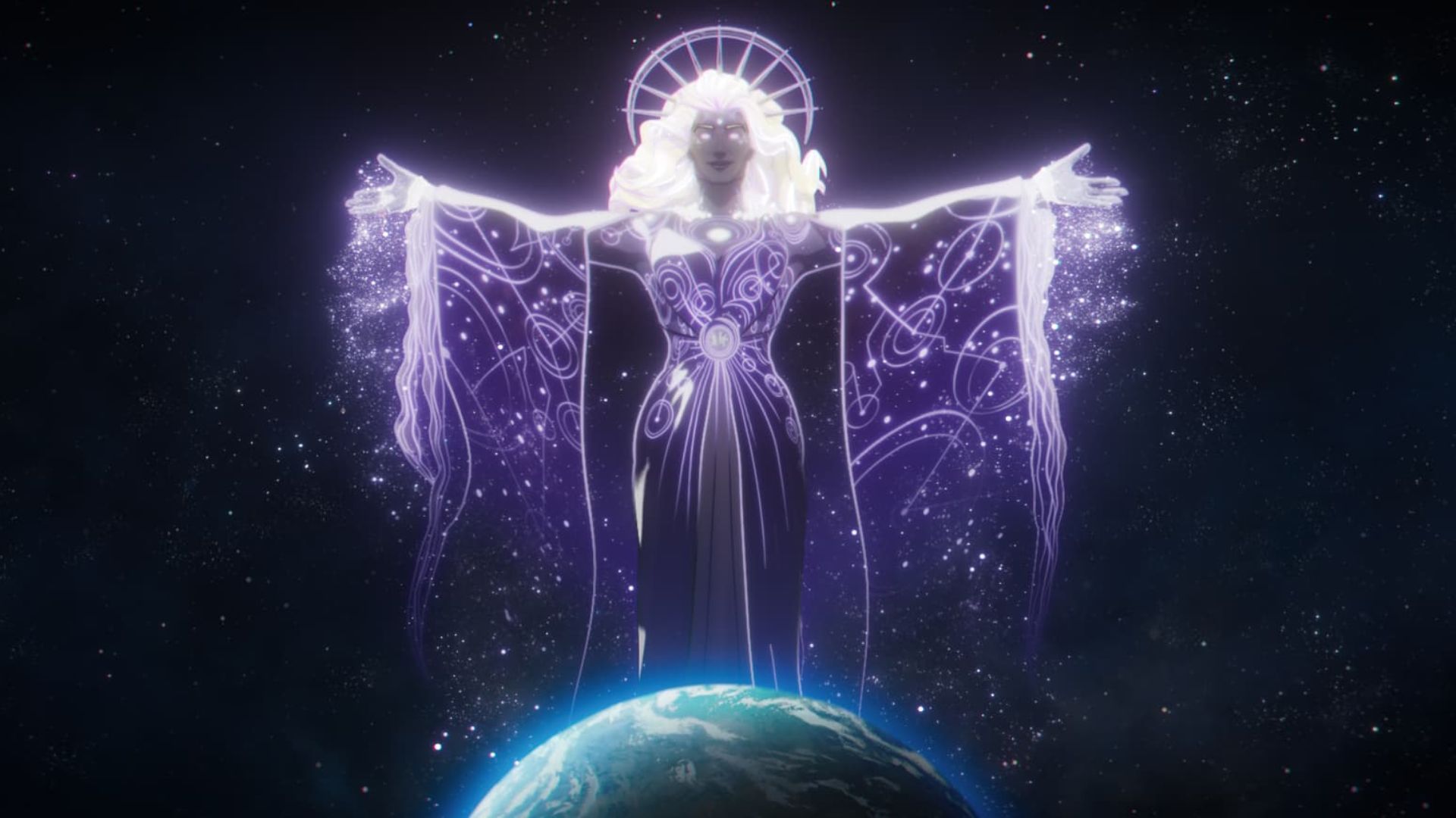 A giant superhuman being stands over Earth in Marvel's What If...?