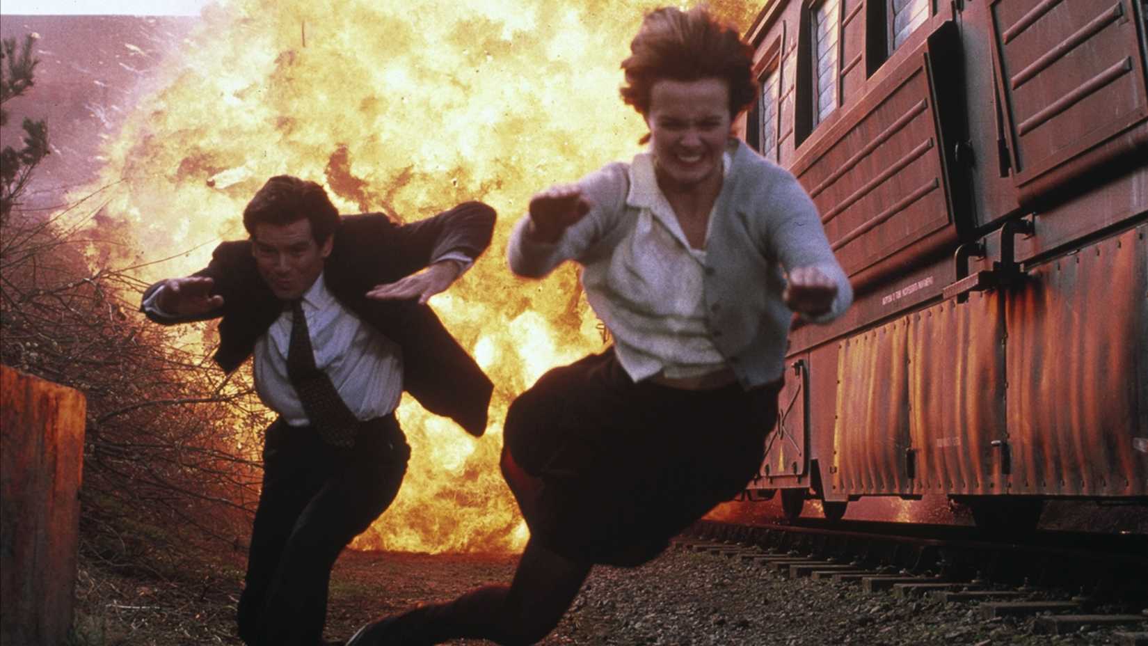 Bond jumps from an exploding train in GoldenEye