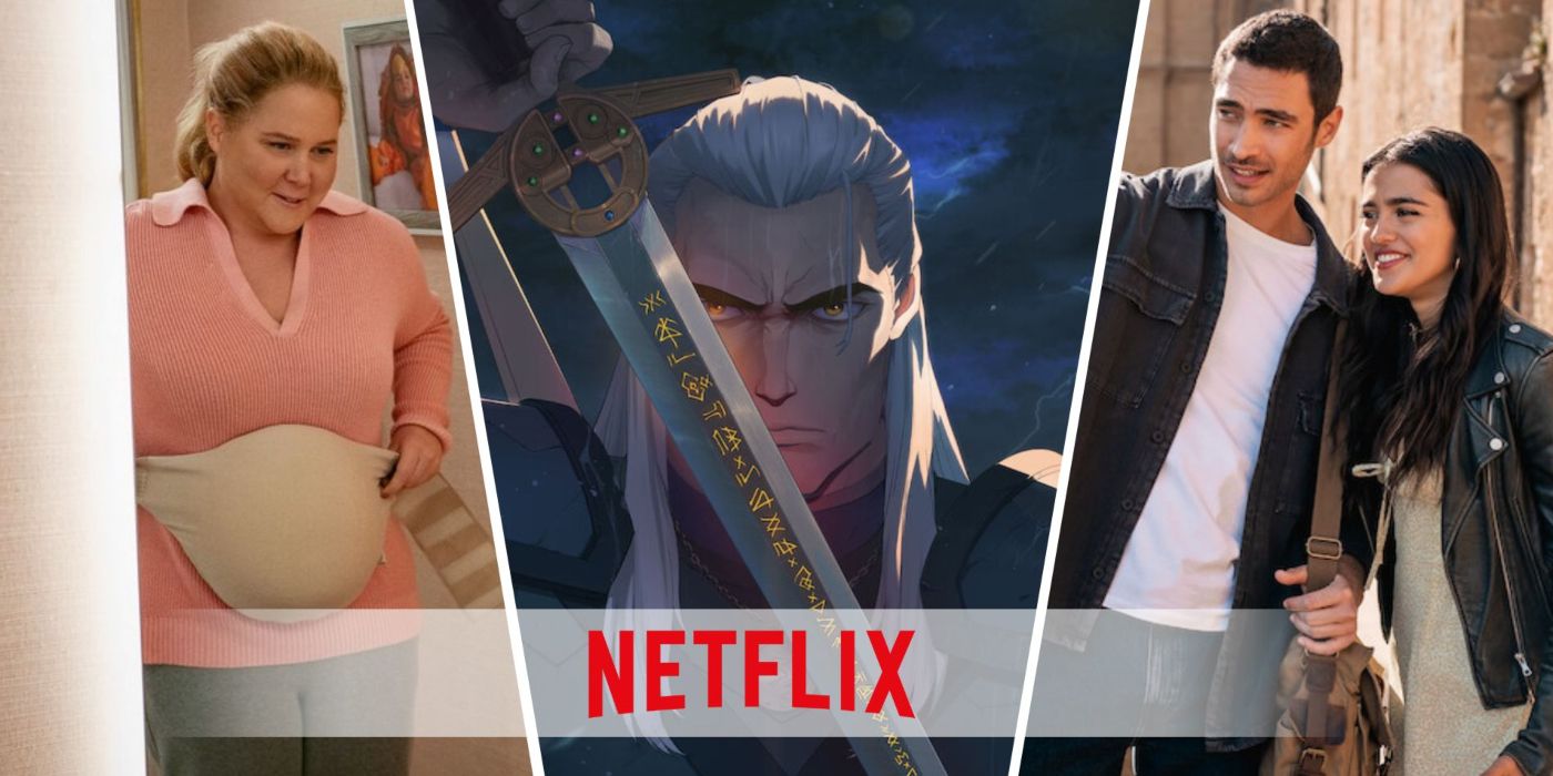 An edited image of three movies including Kinda Pregnant, The Witcher Sirens of the Deep, and La Dolce Villa