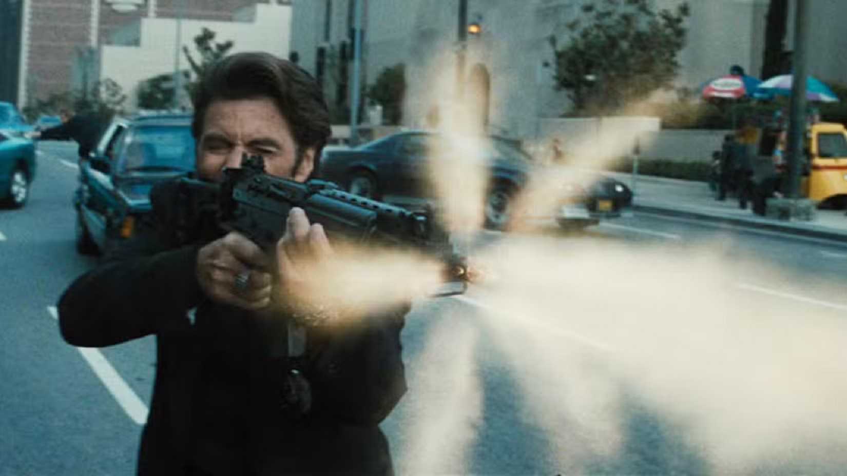 Al Pacino in Heat firing an assault rifle on a busy city street 