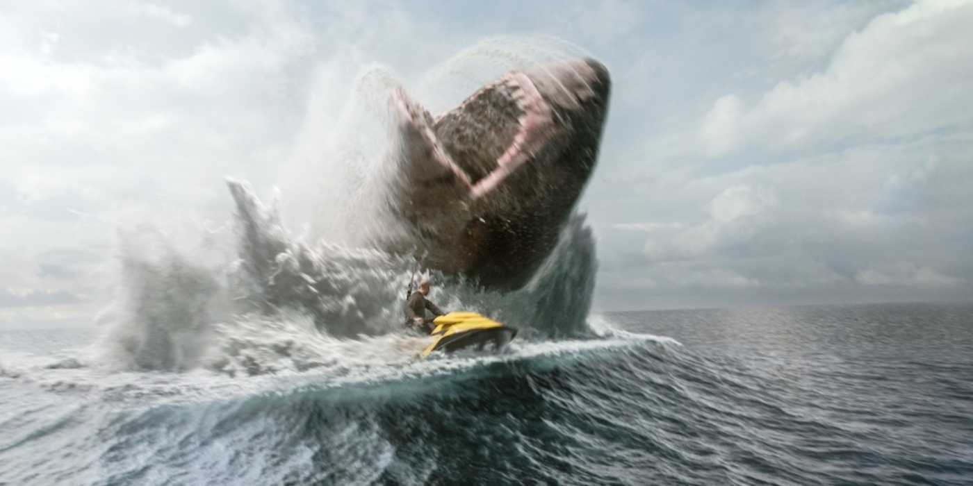 Jason Statham battling a megalodon in Meg 2