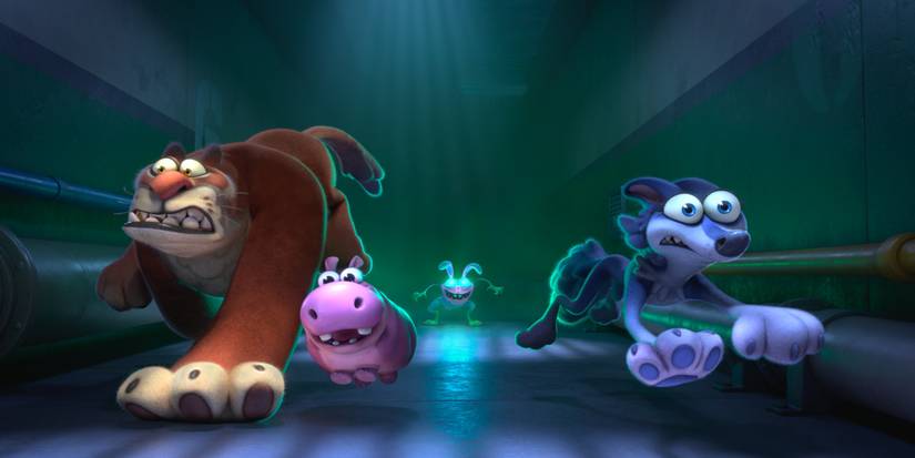Animals run from a monster in the animated movie Night of the Zoopocalypse