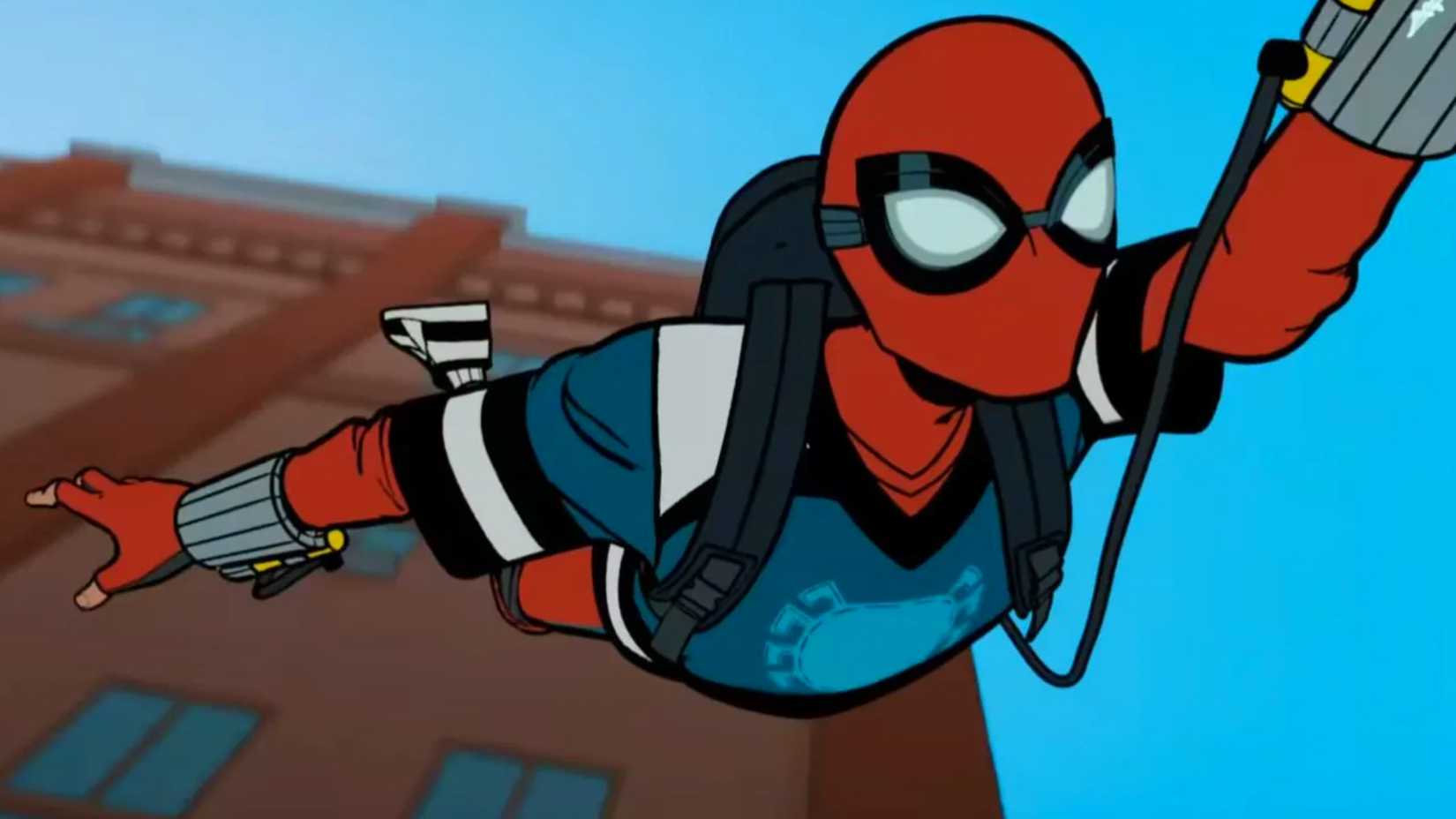 Spider-Man flying through the streets