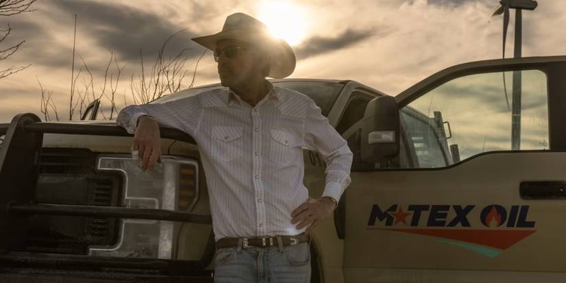 Landman with Billy Bob Thornton as Tommy by an M-Tex Oil truck