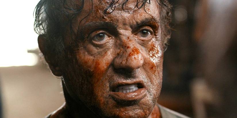 Sylvester Stallone in Rambo: Last Blood with blood all over his face