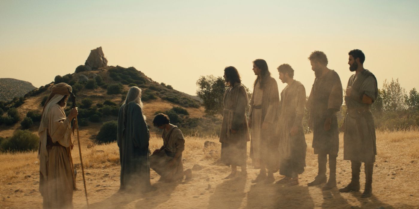 Samuel anoints David surrounded by men in the desert in the TV show House of David