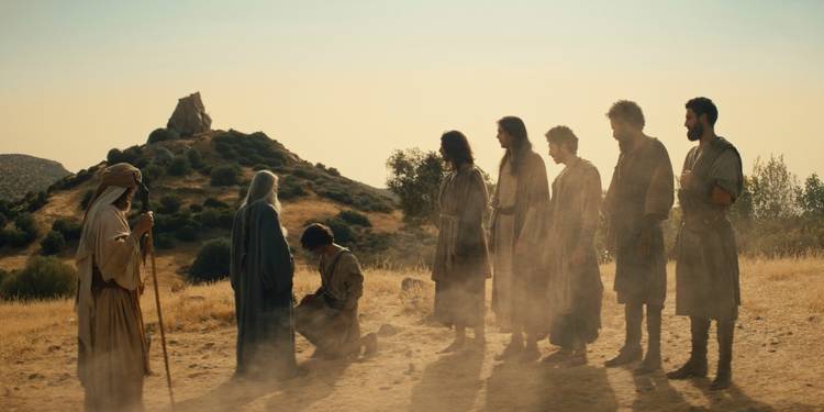 Samuel anoints David surrounded by men in the desert in the TV show House of David