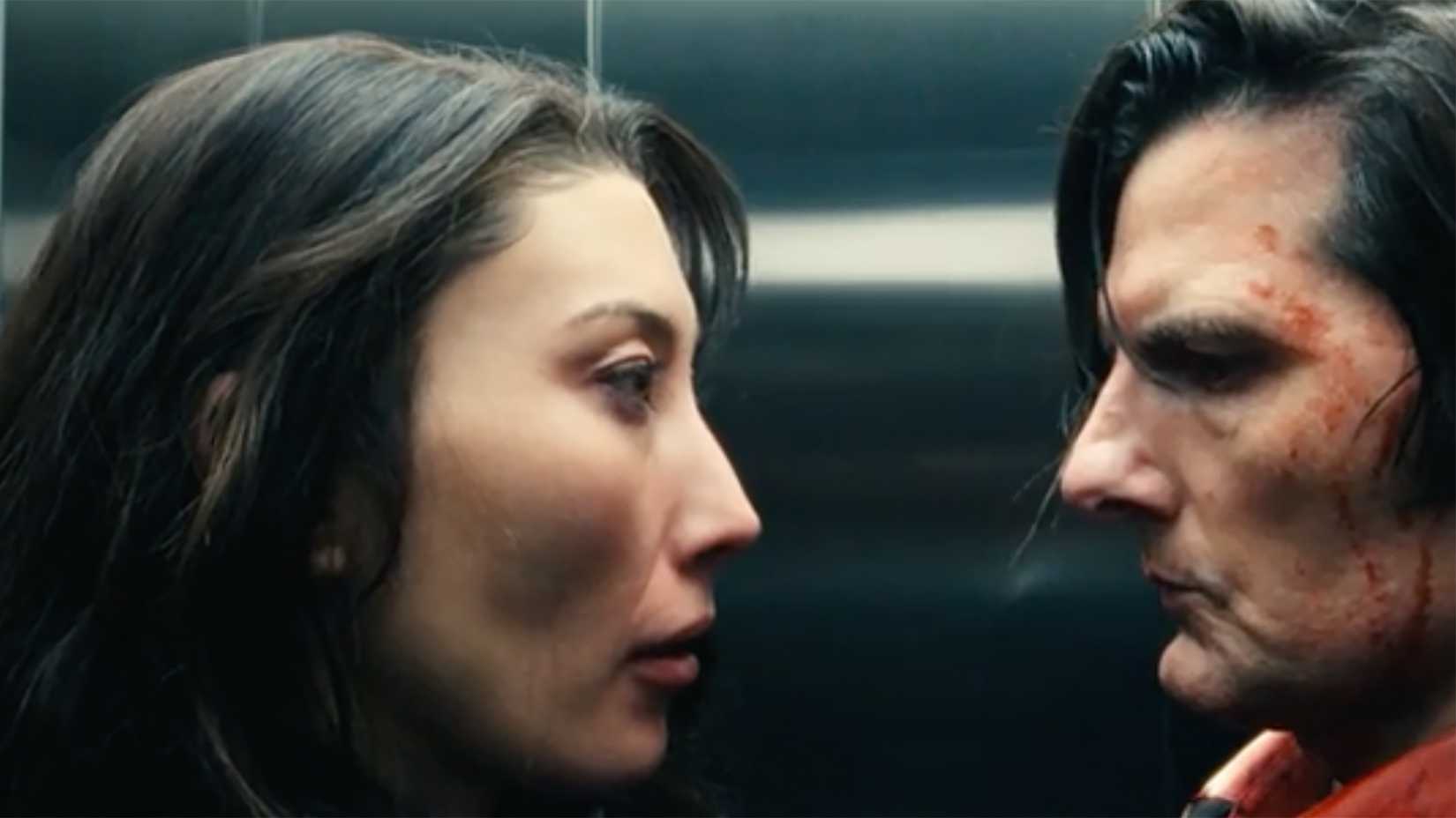 Gemma staring at a bloody Mark in the elevator in Severance