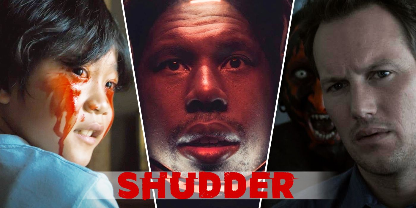 a triple split image of Ash with Flying Lotus, Insidious with Patrick Wilson and Joseph Bishara, and Best Wishes to All with a boy bleeding from the eyes, with Shudder logo in the center