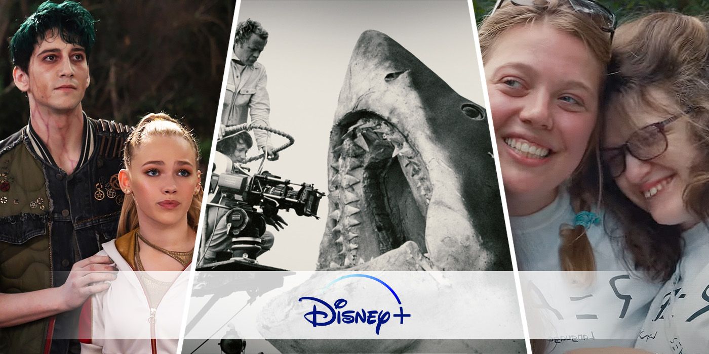 Three movies with the Disney+ logo: People and Places, Jaws @ 50: The Definitive Inside Story, and Zombies 4