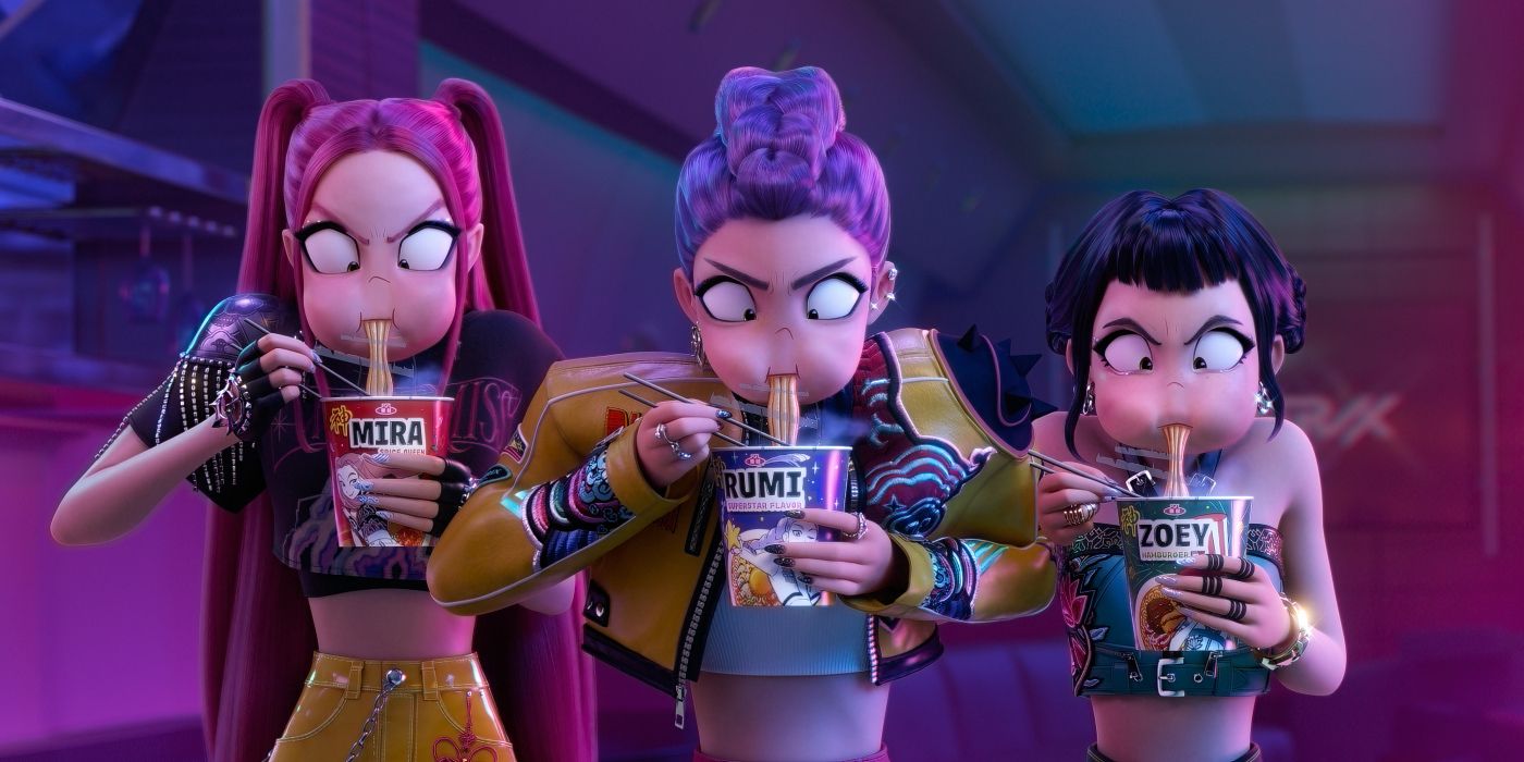 Tres personajes en KPOP Demon Hunters comiendo ramen