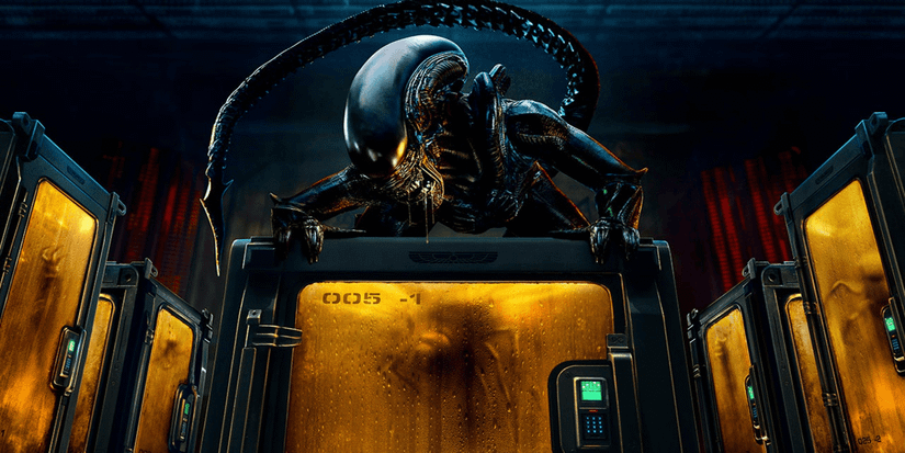 A Xenomorph from Alien: Earth climbing on top of something
