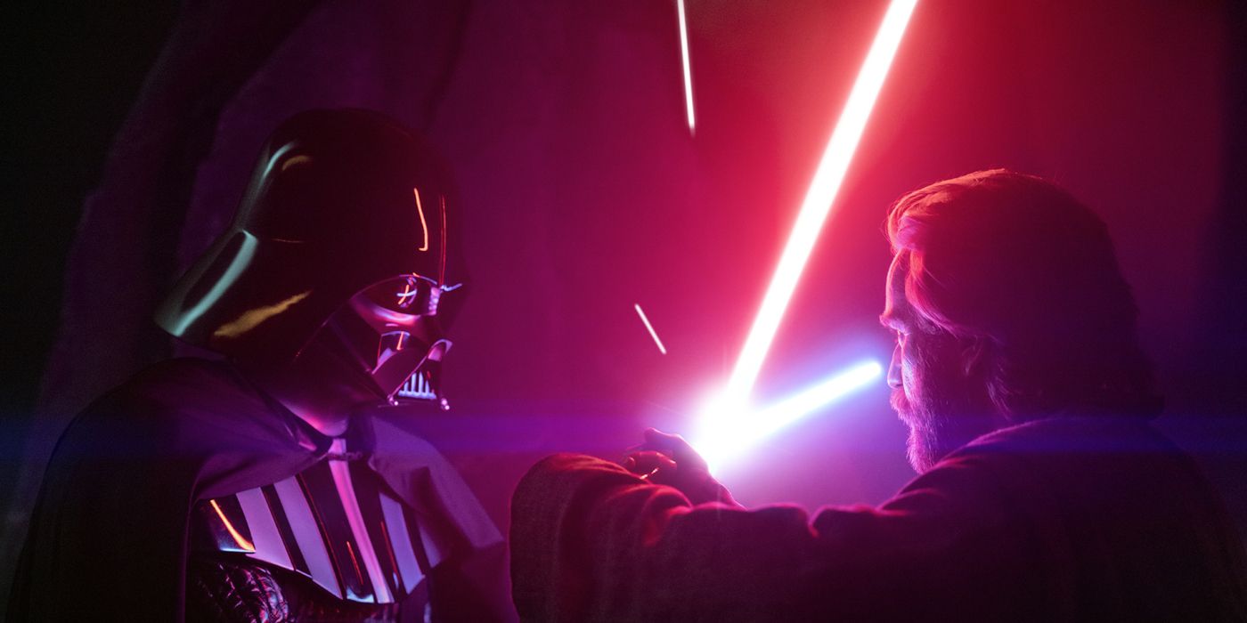 Ewan McGregor and Hayden Christensen fighting with lightsabers in Obi-Wan Kenobi