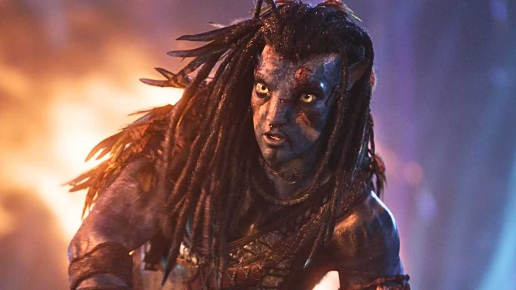 Jake Sully looking surprised in Avatar Fire and Ash
