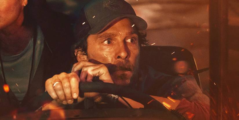 Matthew McConaughey in The Lost Bus driving a bus with a fire raging around him