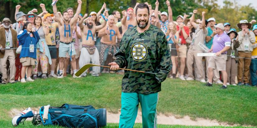 Adam Sandler in Happy Gilmore 2 on the green with his hockey club and fans behind him