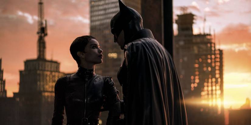 Batman (Robert Pattinson) and Catwoman (Zoë Kravitz) in a scene from The Batman
