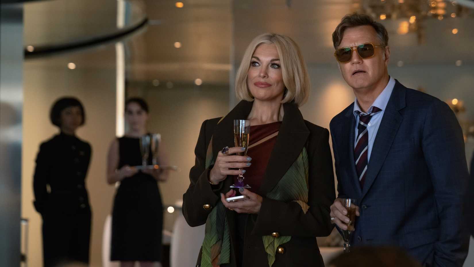Hannah Waddingham and David Morrissey aboard a superyacht in The Woman in Cabin 10