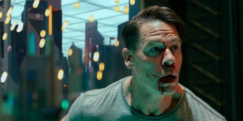 John Cena in Peacemaker with blood on his face