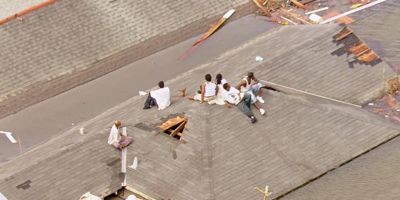 Footage from Katrina: Come Hell and High Water with people on a roof