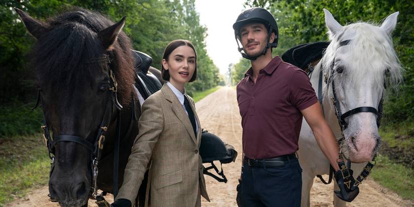 Lily Collins' Emily Cooper and Eugenio Franceschini's Marcello with horses in Emily in Paris Season 5