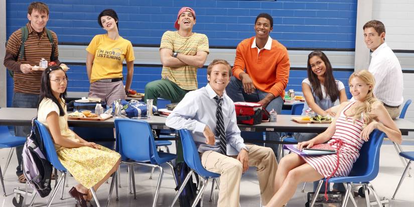 The My Generation cast poses in a cafeteria