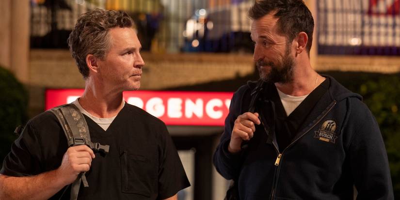 Shawn Hatosy as Dr. Jack Abbot and Noah Wyle as Dr. Michael Robinavitch in the HBO Max medical TV drama The Pitt