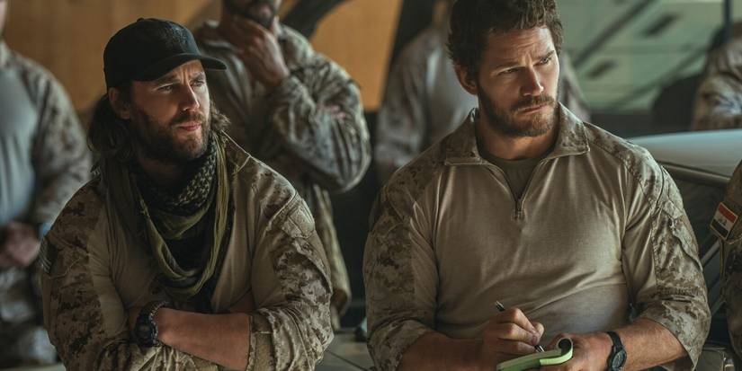 Taylor Kitsch and Chris Pratt in The Terminal List in a meeting