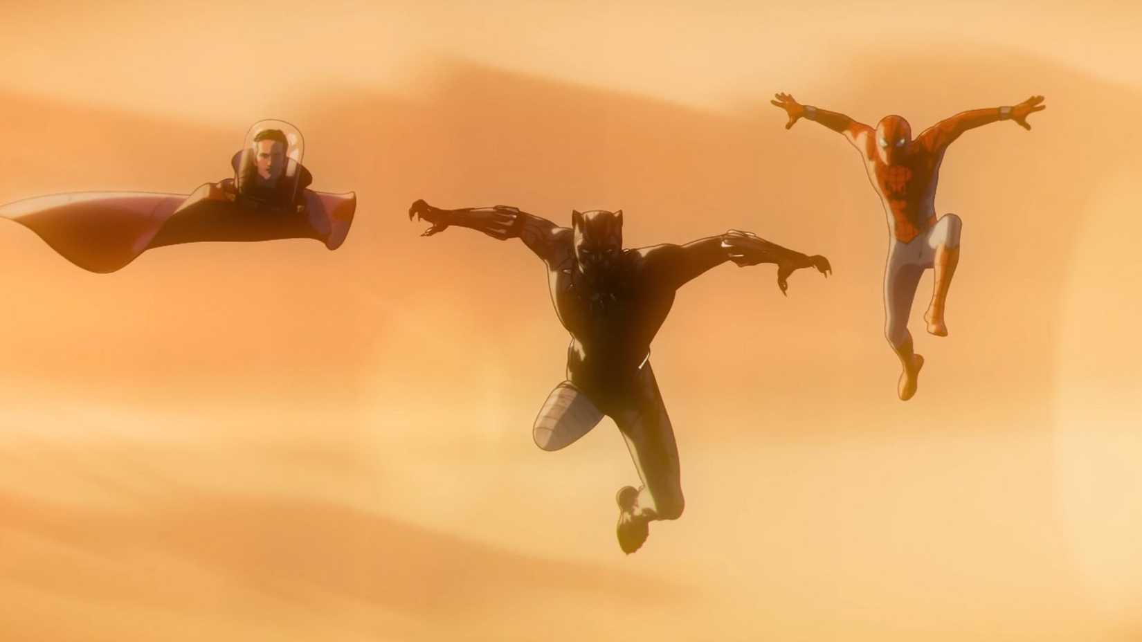 Black Panther, Scott Lang, and Spider-Man flying into battle in 'Marvel Zombies'
