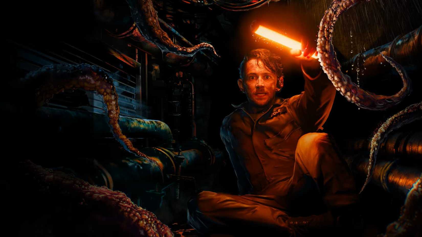 Daniel Thrace in 'Dead Reset' (2025) looking at a creature with tentacles