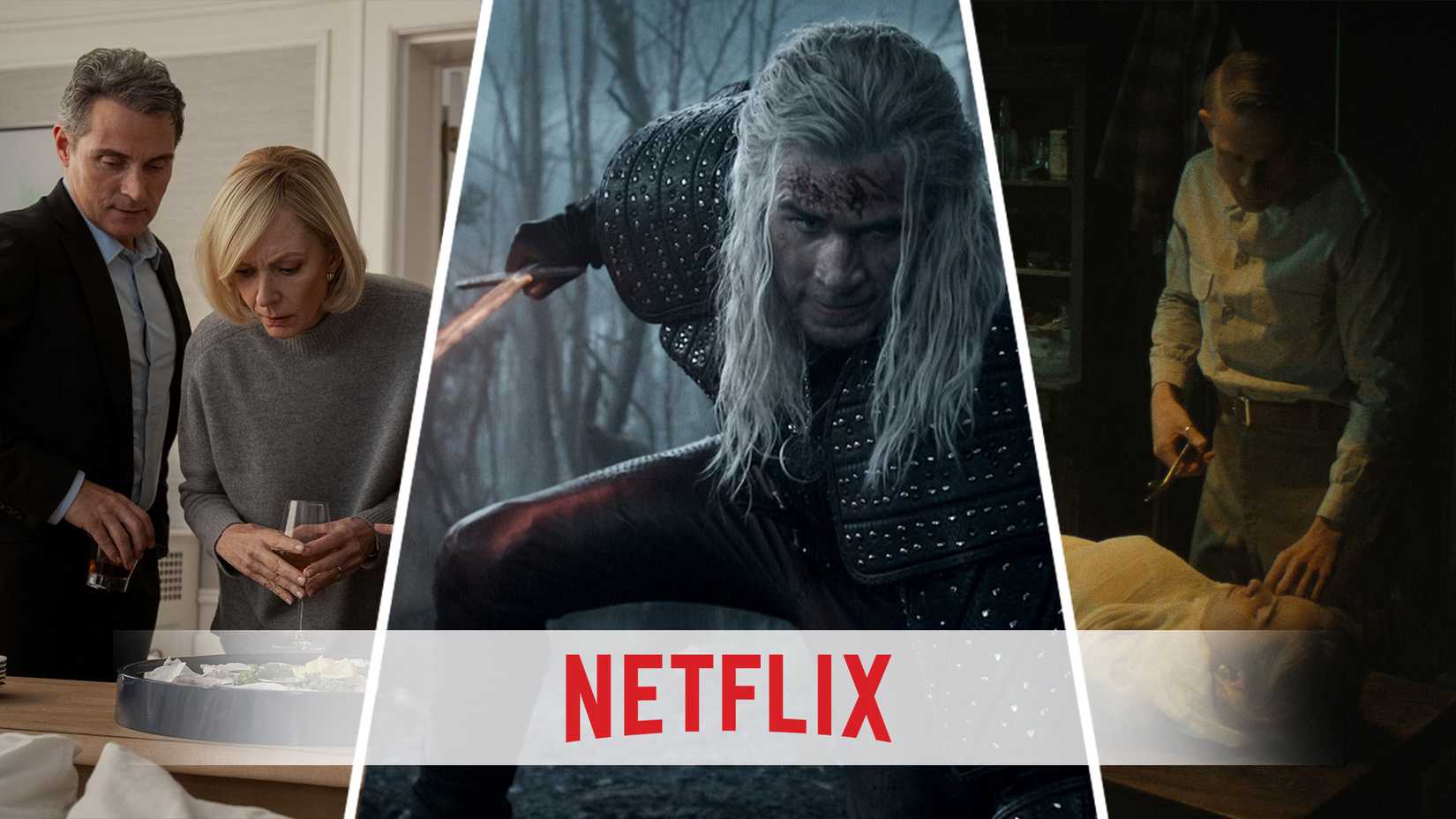 A custom image of Monster: The Ed Gein Story, The Witcher, and The Diplomat with the Netflix logo