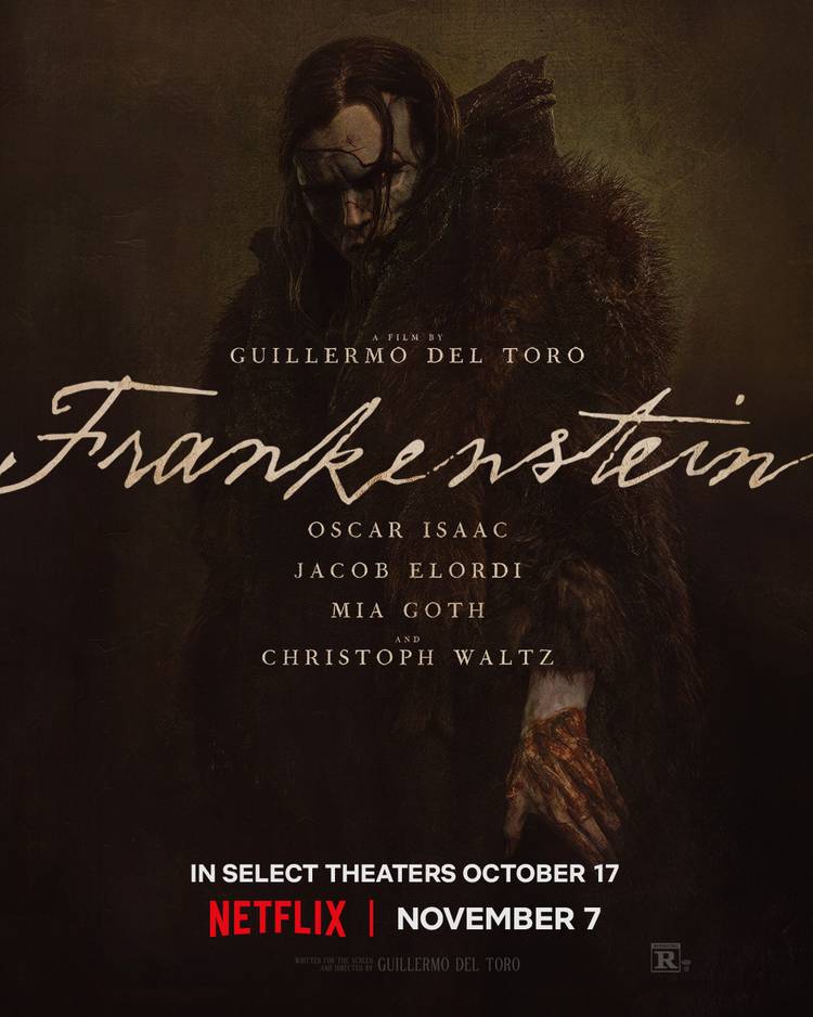Poster for Guillermo del Toro's Frankenstein, featuring Jacob Elordi as the monster
