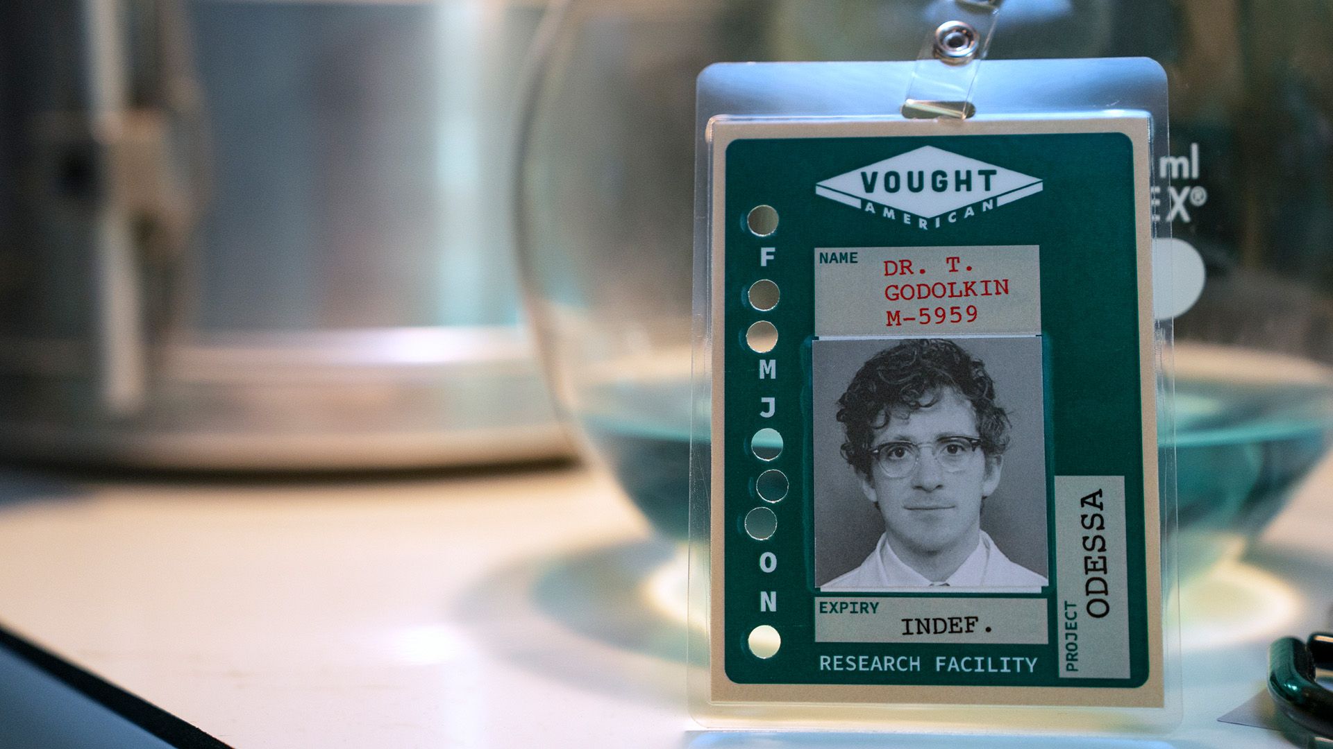 Thomas Godolkin's name tag on a table in Gen V.