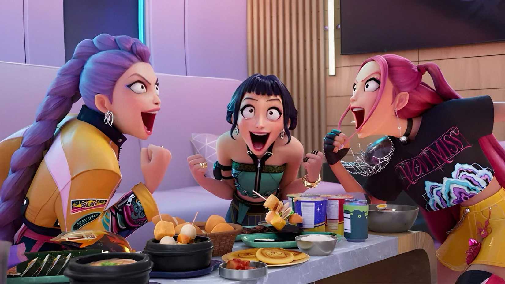KPop Demon Hunters Huntr/X Celebrating in Netflix Movie