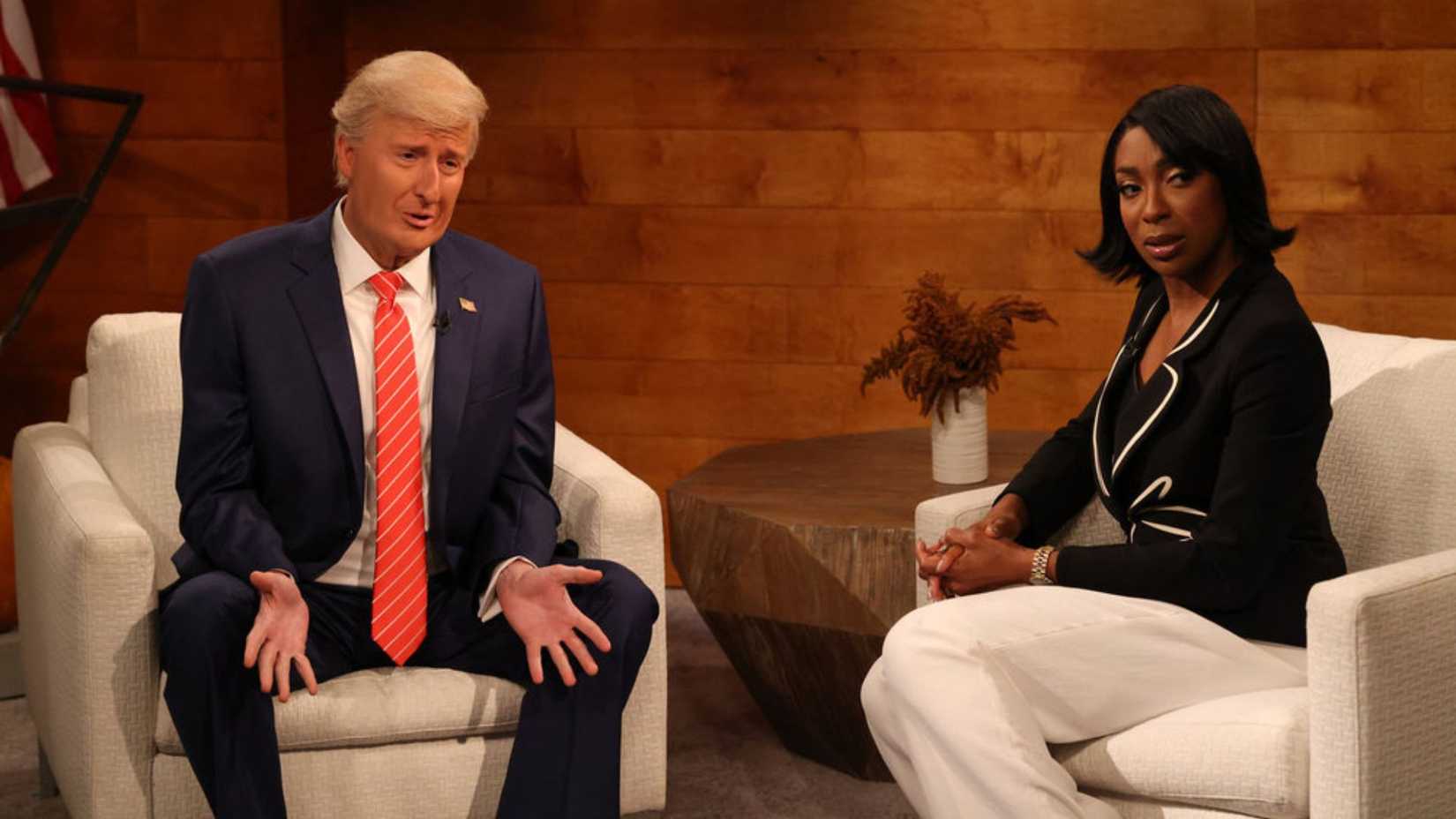 James Austin Johnson plays President Donald Trump and Ego Nwodim plays FOX News anchor Harris Faulkner in a sketch on Saturday Night Live
