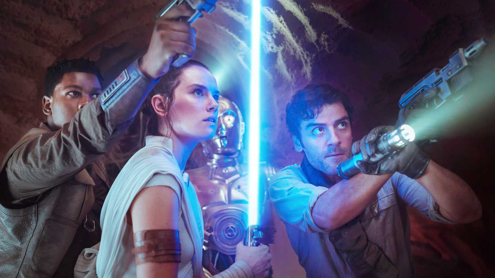 John Boyega as Finn, Daisy Ridley as Rey, Anthony Daniels as C-3PO, Oscar Isaac as Poe Dameron in Star Wars: The Rise of Skywalker