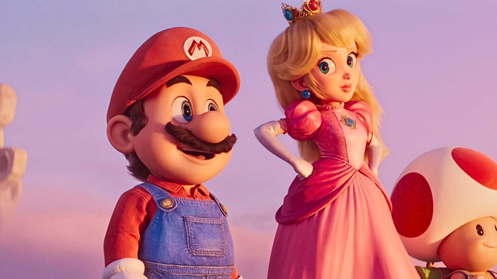 Mario and Peach looking out over a horizon in The Super Mario Bros Movie.